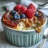 Golden-brown Baked Protein Pancake Bowl topped with peanut butter drizzle and fresh berries, ready to enjoy for breakfast.