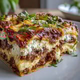 A hearty slice of Worlds Best Lasagna, served on a white plate with fresh basil leaves and a glass of red wine.