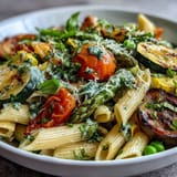 Vibrant spring pasta primavera loaded with crisp zucchini, asparagus, and cherry tomatoes, tossed with fresh basil and lemon zest.