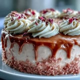 Luxurious rosé velvet cake, artfully adorned with a metallic gold drip.