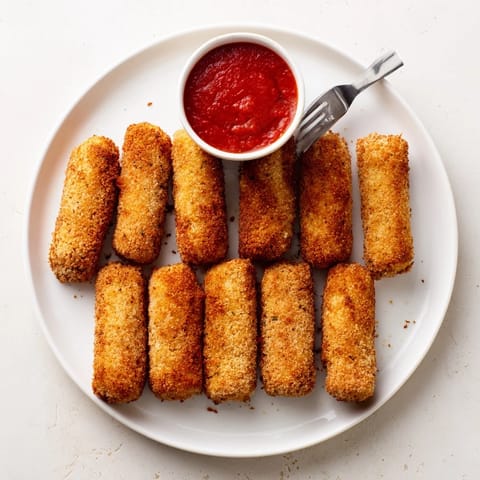 Golden brown Mozzarella Sticks fried to perfection, with crunchy breadcrumbs and gooey melted cheese ready for dipping into marinara.