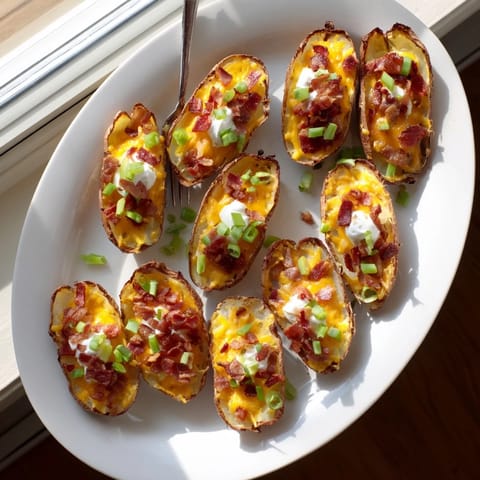 A close-up of baked Potato Skins bubbling with cheese, topped with bacon crumbles and scallions.
