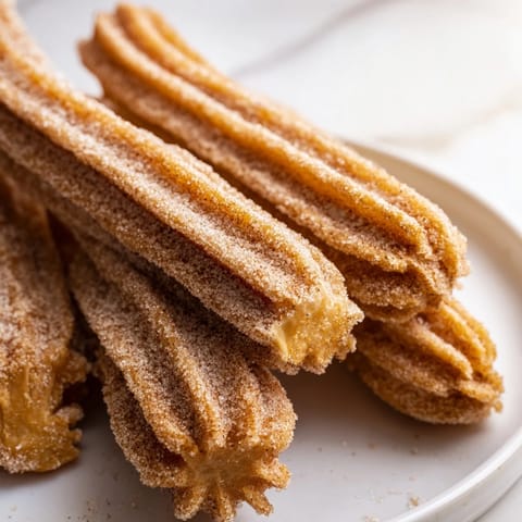 Steaming warm churros piled high on a plate, with a mug of hot chocolate nearby.