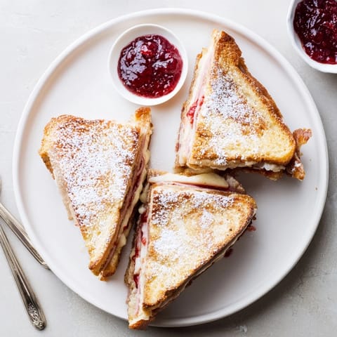 A golden-brown Monte Cristo sandwich with a side of raspberry jam, ready to be enjoyed with a fork and knife for brunch.