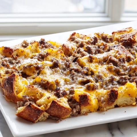 A slice of hearty Breakfast Sausage Casserole shows layered bread cubes, diced bell peppers, and melty cheddar on a plate.