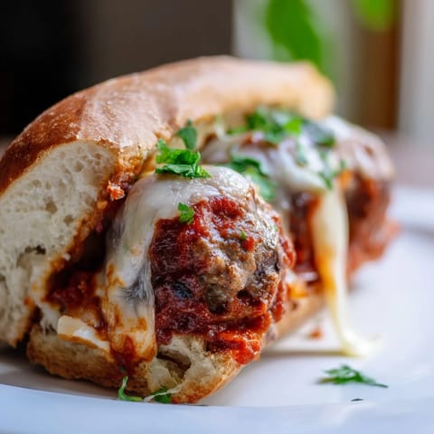 Freshly baked meatball sub with golden, bubbly provolone cheese melting over tender beef and pork meatballs in rich marinara sauce.