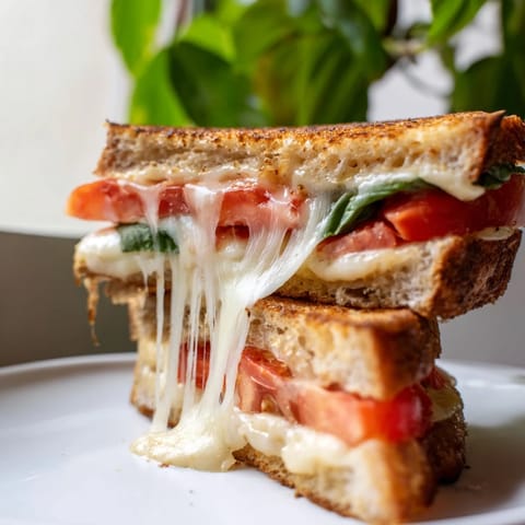 Melted mozzarella and juicy tomato layered inside a buttery grilled Tomato Basil Grilled Cheese, ready to pair with tomato soup for dipping.