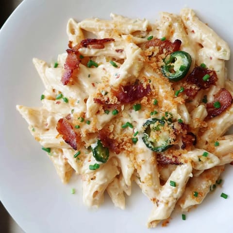 A close-up of cheesy Jalapeño Popper Pasta, topped with toasted panko and fresh chives.