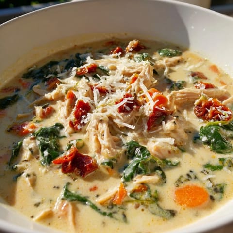 Creamy Tuscan Chicken Soup served in a rustic bowl, garnished with fresh Parmesan cheese and a drizzle of olive oil. 