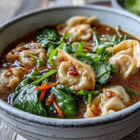 Garnished Red Curry Wonton Soup With Greens, steaming hot with vibrant vegetables.