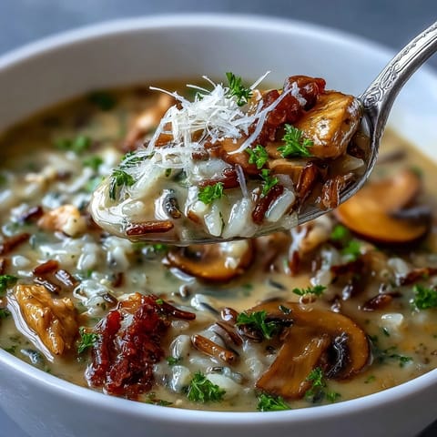 Spoonful of creamy Parmesan Mushroom Chicken and Wild Rice Soup with tender chicken and earthy mushrooms.
