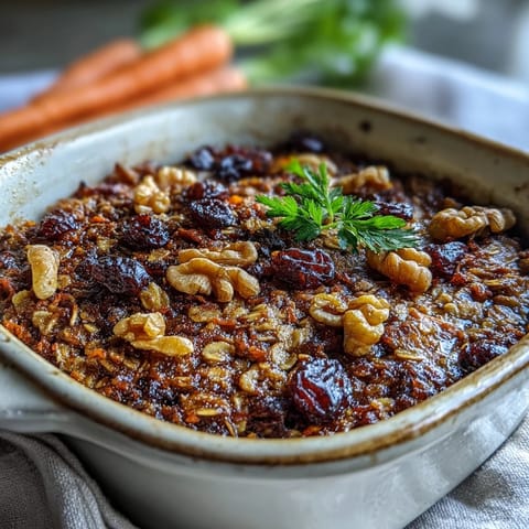 Moist Carrot Cake Baked Oatmeal, a hearty breakfast with warm spices, ready to serve.