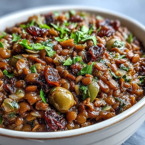 Hearty Cuban-Inspired Lentil Picadillo dish, bursting with savory olives and sweet raisins.