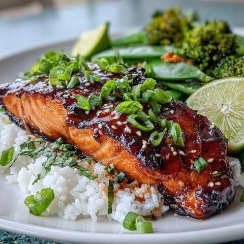 Maple Soy Glazed Salmon dish with glossy sauce, fresh veg, and fluffy rice.
