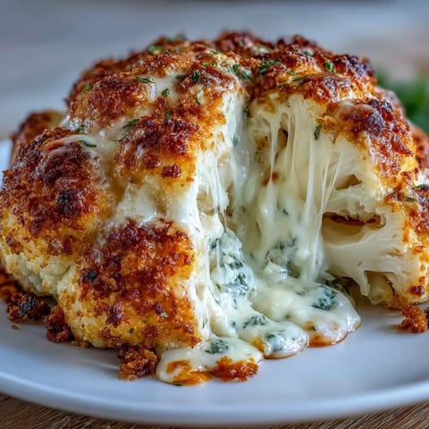 Golden Cheesy Stuffed Cauliflower Head, bubbling and perfectly roasted with a delicious filling.