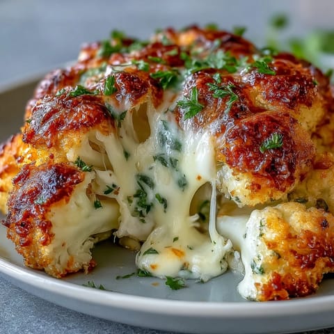 Whole roasted Cheesy Stuffed Cauliflower Head, a visually appealing vegetarian main dish.