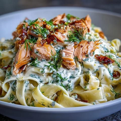 A beautiful bowl of The Best Creamy Salmon Pasta with lemon and dill.