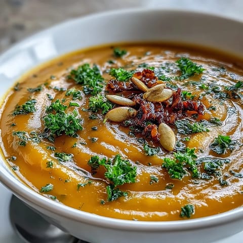 Velvety bowl of Roasted Broccoli and Butternut Squash Soup garnished with a drizzle of coconut milk.