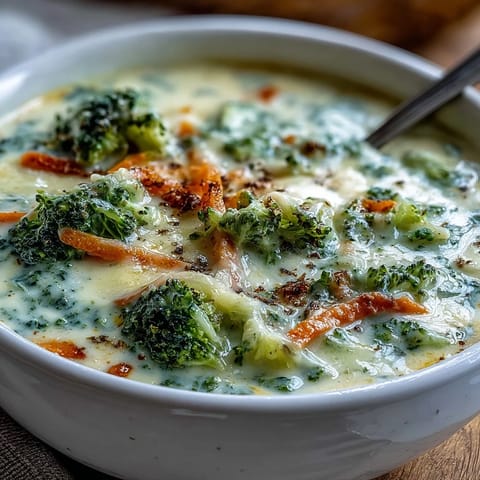 A spoon dips into a rich bowl of homemade Broccoli Cheddar Soup, showcasing melted sharp cheddar and tender vegetable chunks.