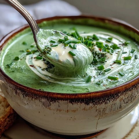Steaming bowl of Cream of Broccoli Soup with smooth green texture and a swirl of cream.