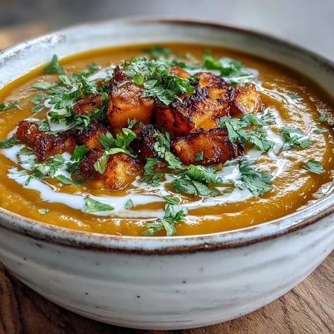 Creamy Butternut Squash and Lentil Soup steams in a rustic bowl, garnished with fresh cilantro and a coconut swirl.