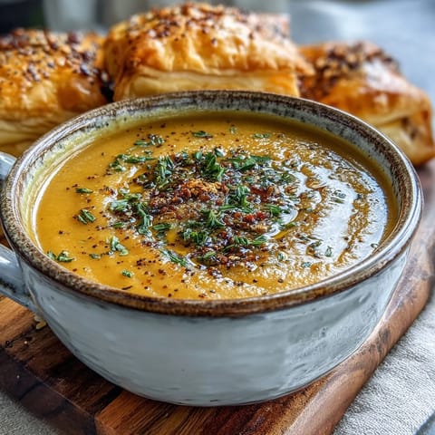 Spoon dipping into a velvety, bright orange Creamy Broccoli and Butternut Squash Soup With Pastries, topped with melty cheddar and brie pastry.