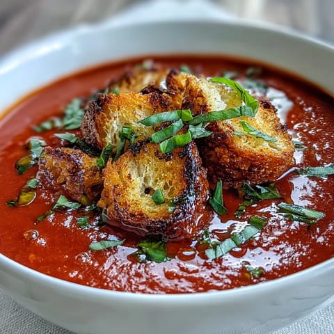 A steaming bowl of Roasted Tomato Basil Soup topped with fresh basil leaves, drizzled with cream for richness.