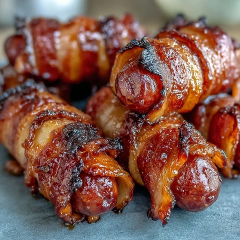 Crispy bacon-wrapped smokies fresh from the oven with a bubbling sweet glaze. 