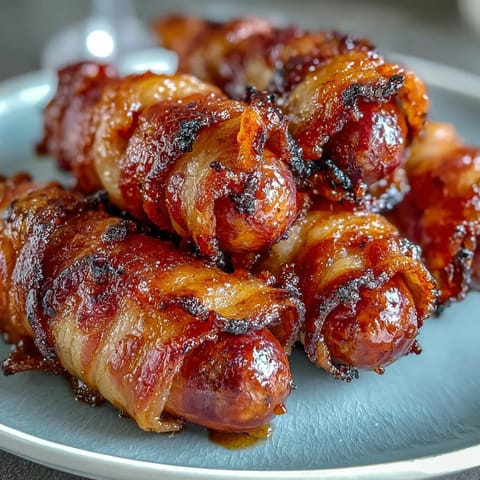 Golden brown bacon-wrapped smokies arranged on a platter for game day parties. 