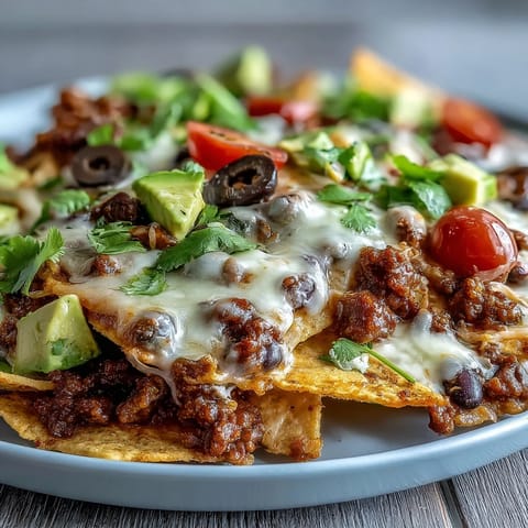 Freshly baked Baked Nachos topped with melty cheddar cheese, seasoned ground beef, diced avocado, jalapeños, and a dollop of sour cream on the side.