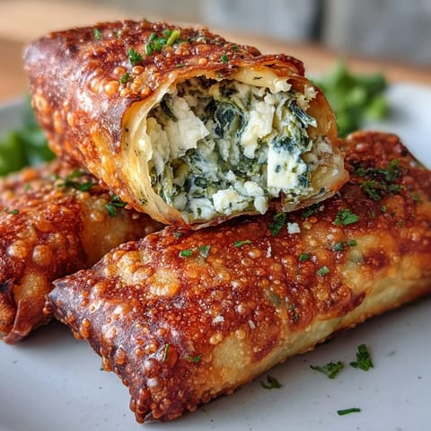 Golden-brown Spanakopita Spring Rolls arranged on a white plate with a small bowl of creamy yogurt-dill dip and lemon wedges.