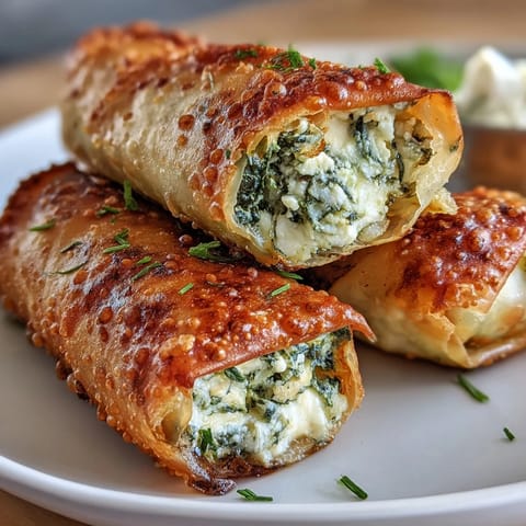 Crunchy Spanakopita Spring Rolls are stacked on a platter, steam rising, ready to be dipped into tangy tzatziki sauce.