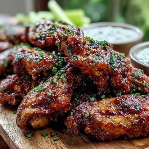 Golden brown Fried Chicken Wings tossed in Buffalo sauce, served with crisp celery sticks and ranch dressing on a rustic platter.