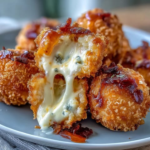 Golden-brown Buffalo Chicken Bacon Mozzarella Bombs rest on a platter, their crunchy panko crust contrasting with a drizzle of spicy red buffalo sauce. 