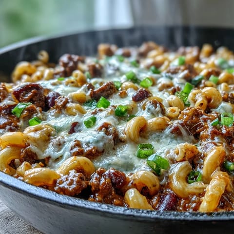A steaming bowl of One-Pan High Protein Chili Mac topped with green onions, sour cream, and crushed tortilla chips.