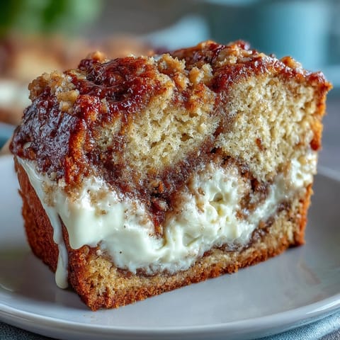 A thick slice of Cream Cheese Cinnamon Swirl Banana Bread reveals a moist, golden crumb and a rich, white cream cheese stripe down the center.