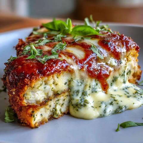 Crunchy breaded chicken breasts layered with basil pesto and melty cheese, served hot from the oven.