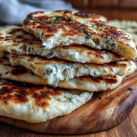 Warm, pillowy The Best Easy Garlic Naan bread brushed with garlic butter, ideal for scooping up rich curry or dal.