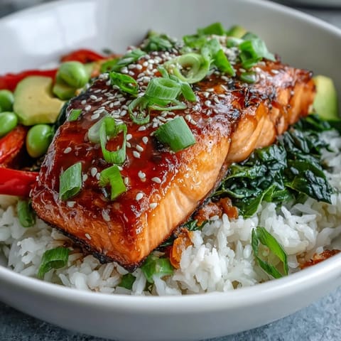Close-up view of a Soy Ginger Salmon Bowl with crisp edamame, carrots, and red bell peppers next to lime wedges.