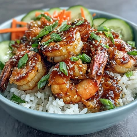 Juicy grilled shrimp, crisp veggies, and sesame seeds top fluffy jasmine rice in this vibrant Asian Shrimp Bowl.