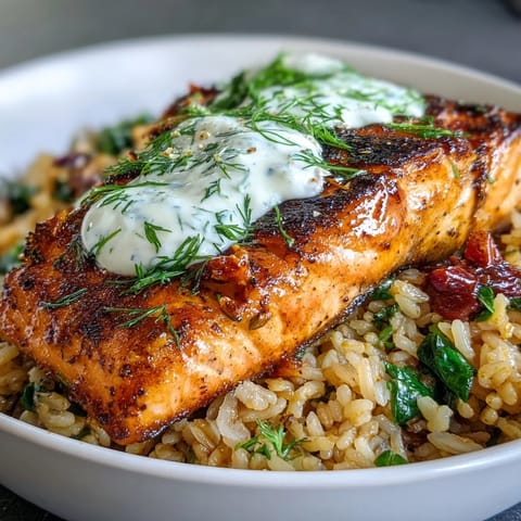A finished Crispy Rice Salmon Bowl with fresh herbs, lemon wedges, and a creamy white sauce ready to serve.
