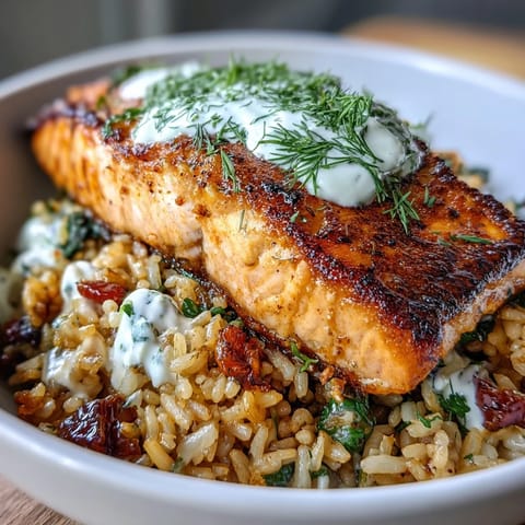 Golden, crispy rice topped with pan-seared salmon, Mediterranean veggies, and a lemon-yogurt drizzle in a vibrant bowl.