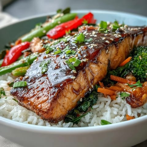 Golden-brown teriyaki salmon glazed with sauce sits over fluffy rice and crisp vegetables, garnished with sesame seeds and green onions.