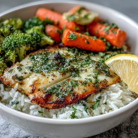 Tender baked tilapia fillets served over steamed rice and crisp vegetables in a wholesome bowl.