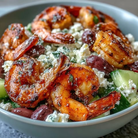 Freshly grilled Greek Shrimp Bowl with plump shrimp, juicy tomatoes, creamy feta, and crisp cucumber topped with a lemony dressing.