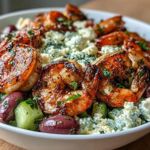 Vibrant Greek Shrimp Bowl served over crisp greens with Kalamata olives, red onion, and a drizzle of zesty lemon-olive oil dressing.