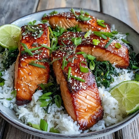 Golden-brown miso glazed salmon bowl with jasmine rice and sautéed spinach topped with sesame seeds and green onions.