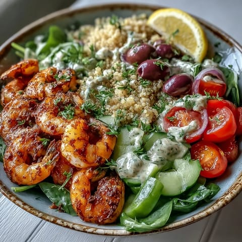 Freshly cooked shrimp with smoked paprika garnish a vibrant Mediterranean Shrimp Bowl with quinoa, spinach, and creamy tahini sauce.