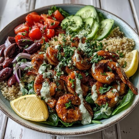 A colorful Mediterranean Shrimp Bowl features diced cucumber, Kalamata olives, and cherry tomatoes topped with succulent shrimp and parsley.