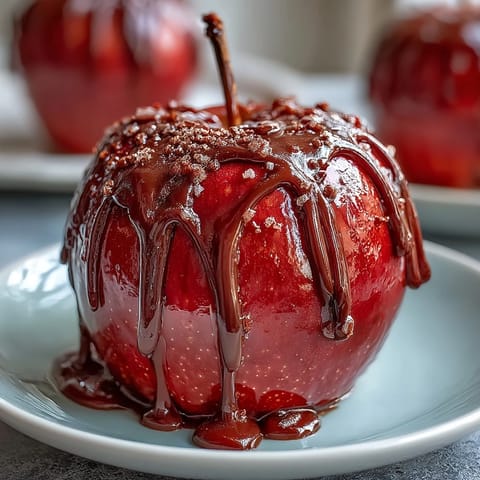 A glossy red candy apple with a creamy white chocolate drizzle, perfect for festive autumn gatherings.